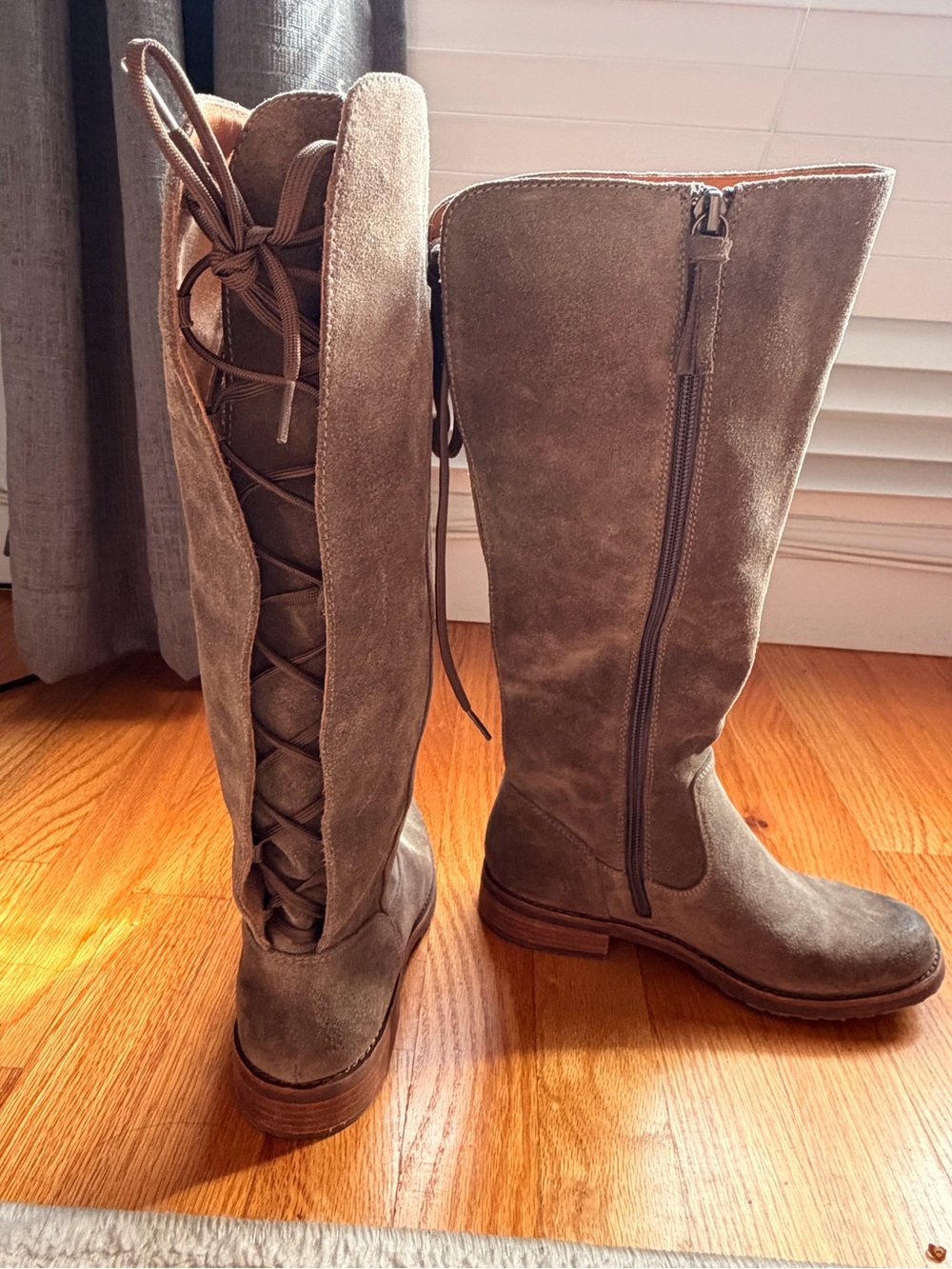 Sofft Taupe Suede Lace-Back Below-the-Knee Boots